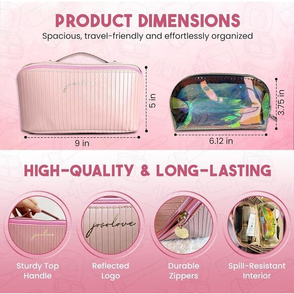 Women Travel Makeup Bag Pink Large Cosmetic Organizer With Compartments Bag NEW - Picture 3 of 5